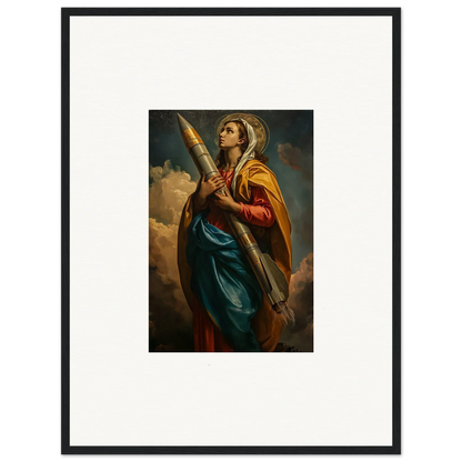 Framed canvas print of a colorful robed woman with a cross, perfect for room decoration