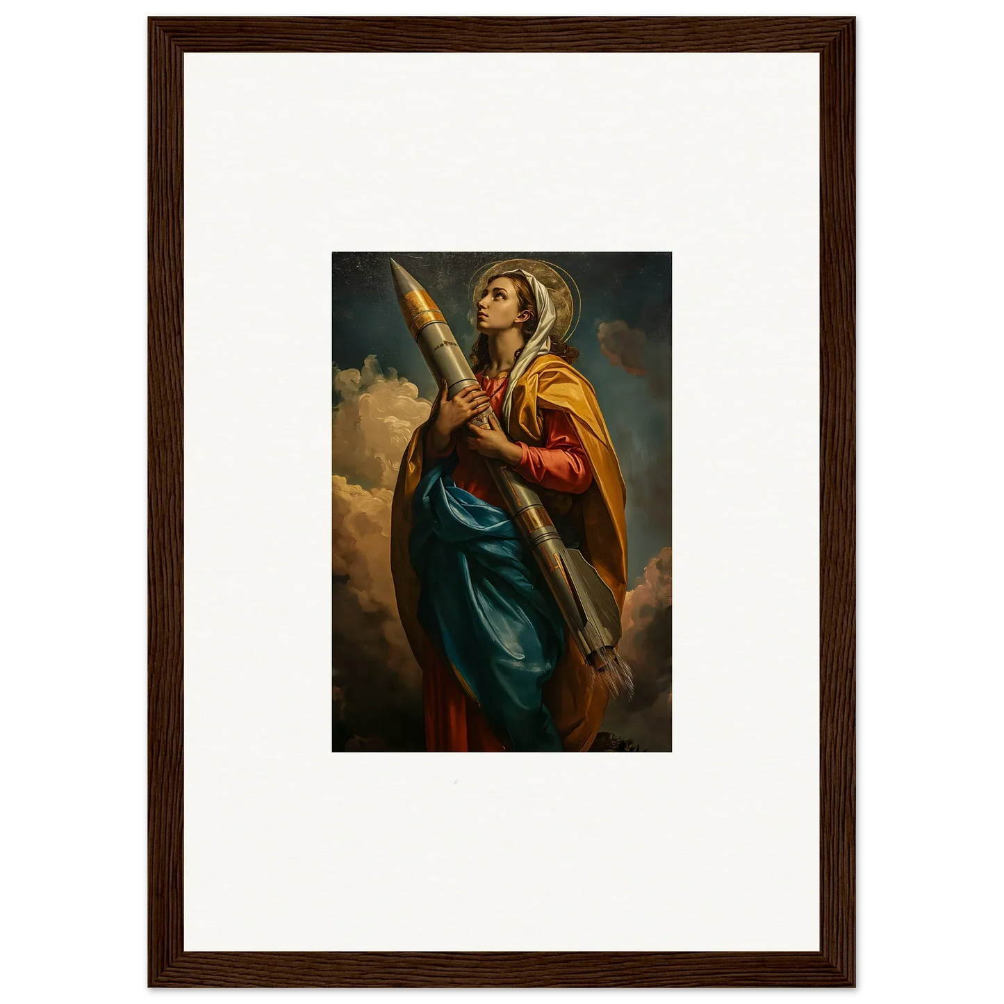 Framed canvas print of a woman in colorful robes, perfect for rocketry muse room decoration