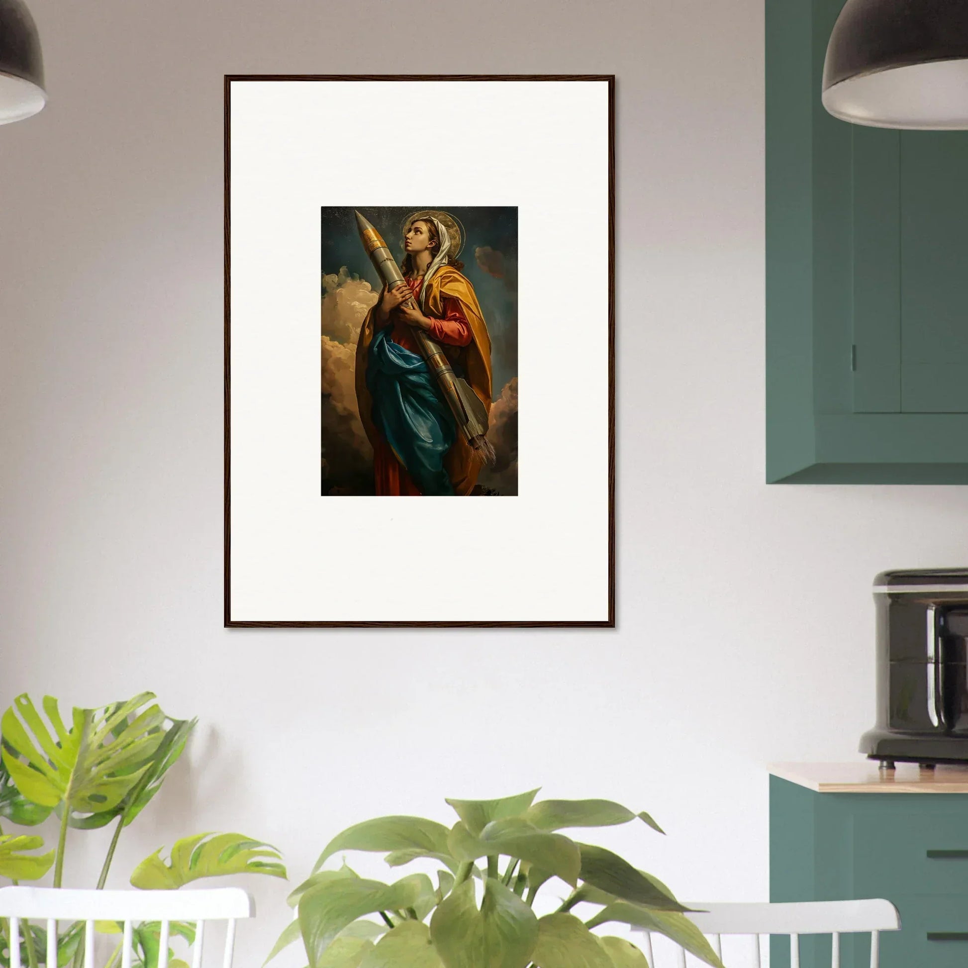 Framed canvas print of a colorful woman, perfect rocketry muse for room decoration