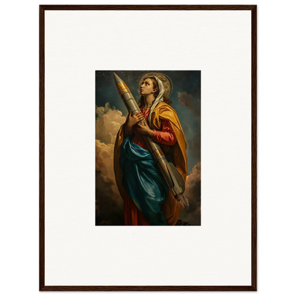 Framed canvas print of a woman holding a feather, perfect as room decoration and rocketry muse