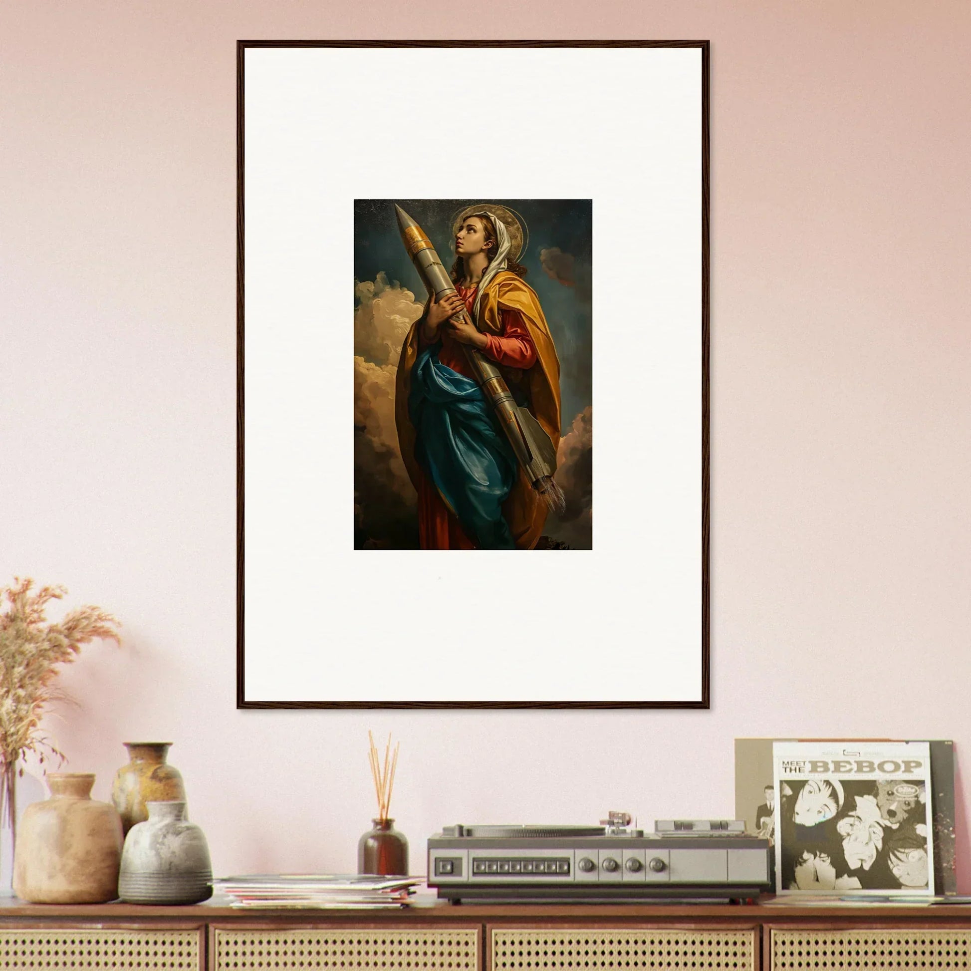 Framed canvas print of a colorful religious figure sword-wielding for room decoration