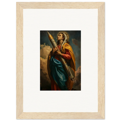 Framed canvas print of a saintly figure with a cross, perfect rocketry muse room decoration