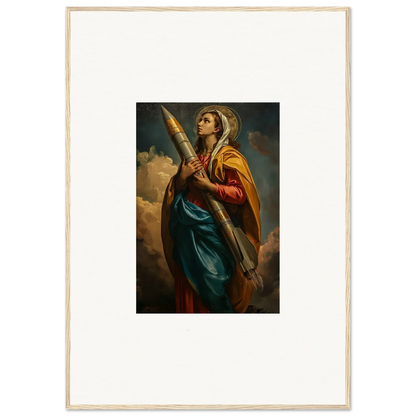 Colorful canvas print of a woman with a cross, perfect for room decoration or rocketry muse