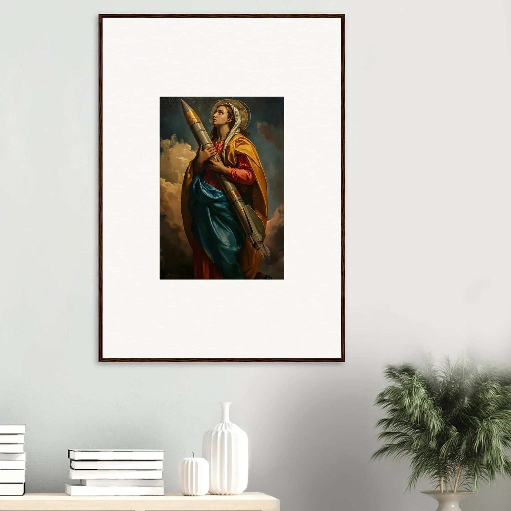 Colorful canvas print of a figure with a staff, perfect for your Rocketry Muse room decoration