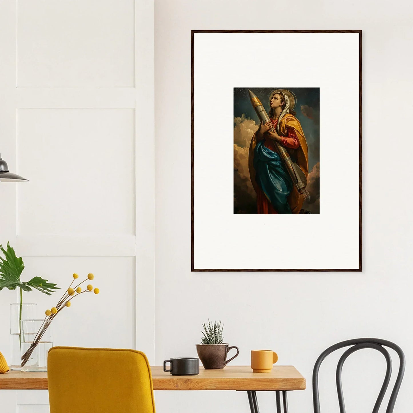 Framed canvas print of a colorful robed figure with a sword for rocketry muse room decoration