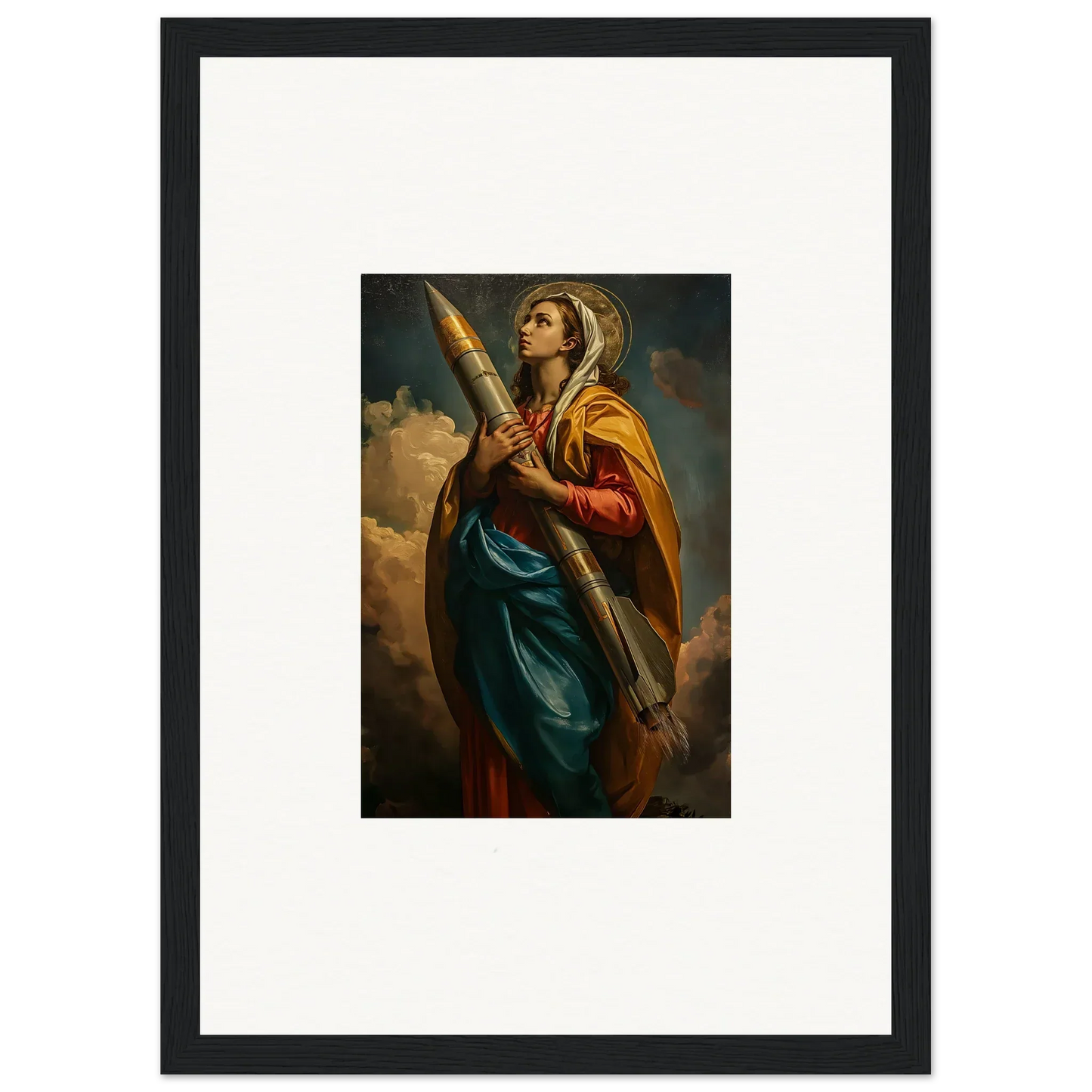 Framed canvas print of a woman in colorful robes as a striking rocketry muse for room decoration