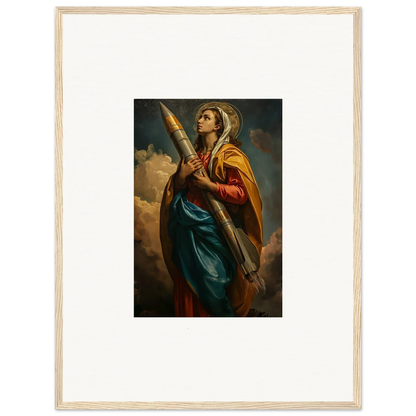 Framed canvas print of a woman in colorful robes as a unique rocketry muse for room decoration