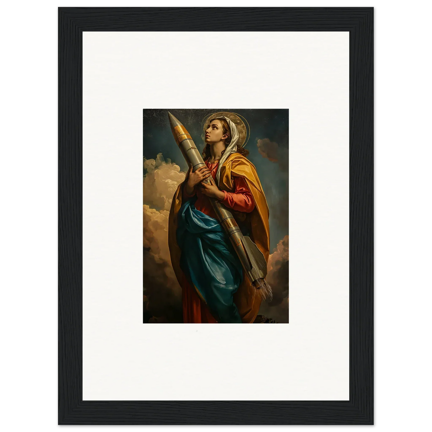 Framed canvas print of a woman as a Rocketry Muse in colorful robes for room decoration