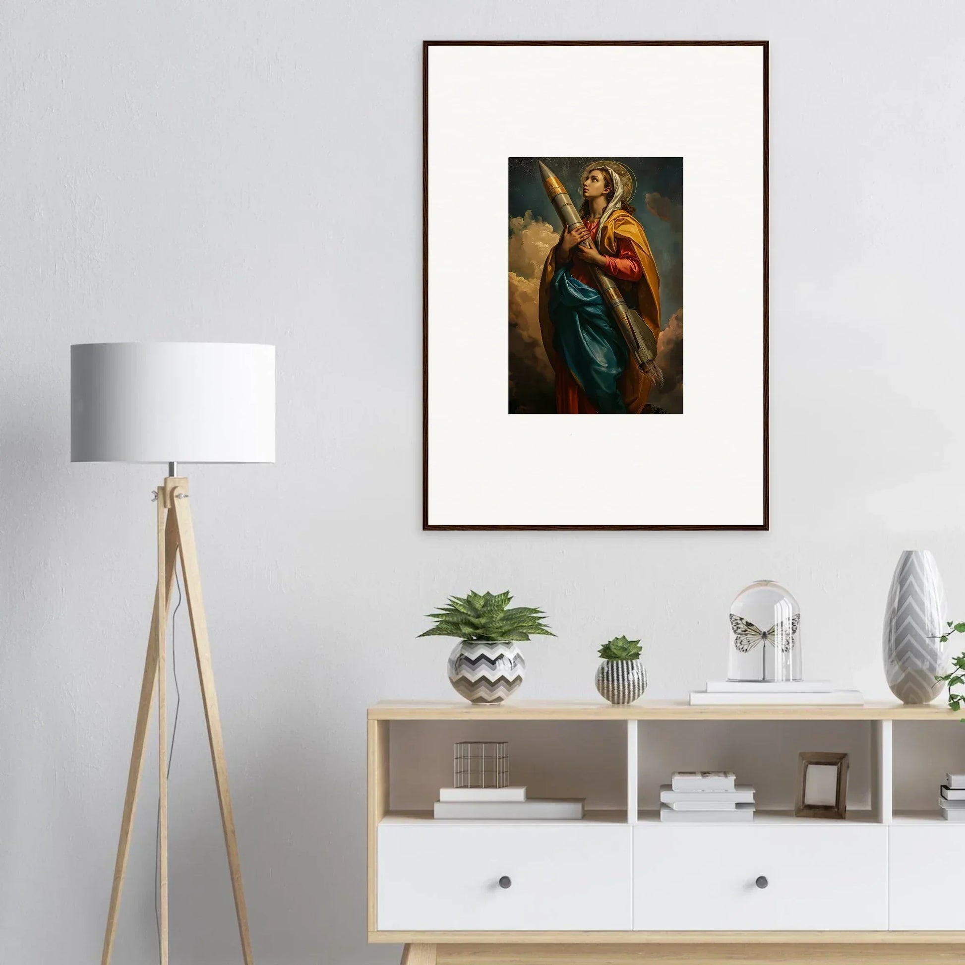 Framed canvas print of a classical figure in colorful robes, perfect for room decoration