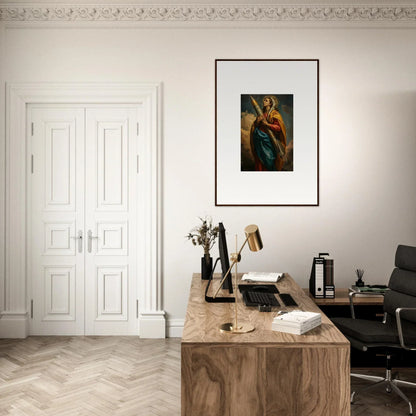 Elegant home office featuring a wooden desk, art, and double doors for your Rocketry Muse