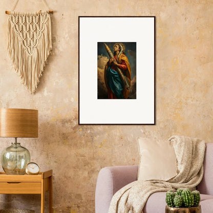 Framed canvas print of a religious figure with a cross for unique room decoration