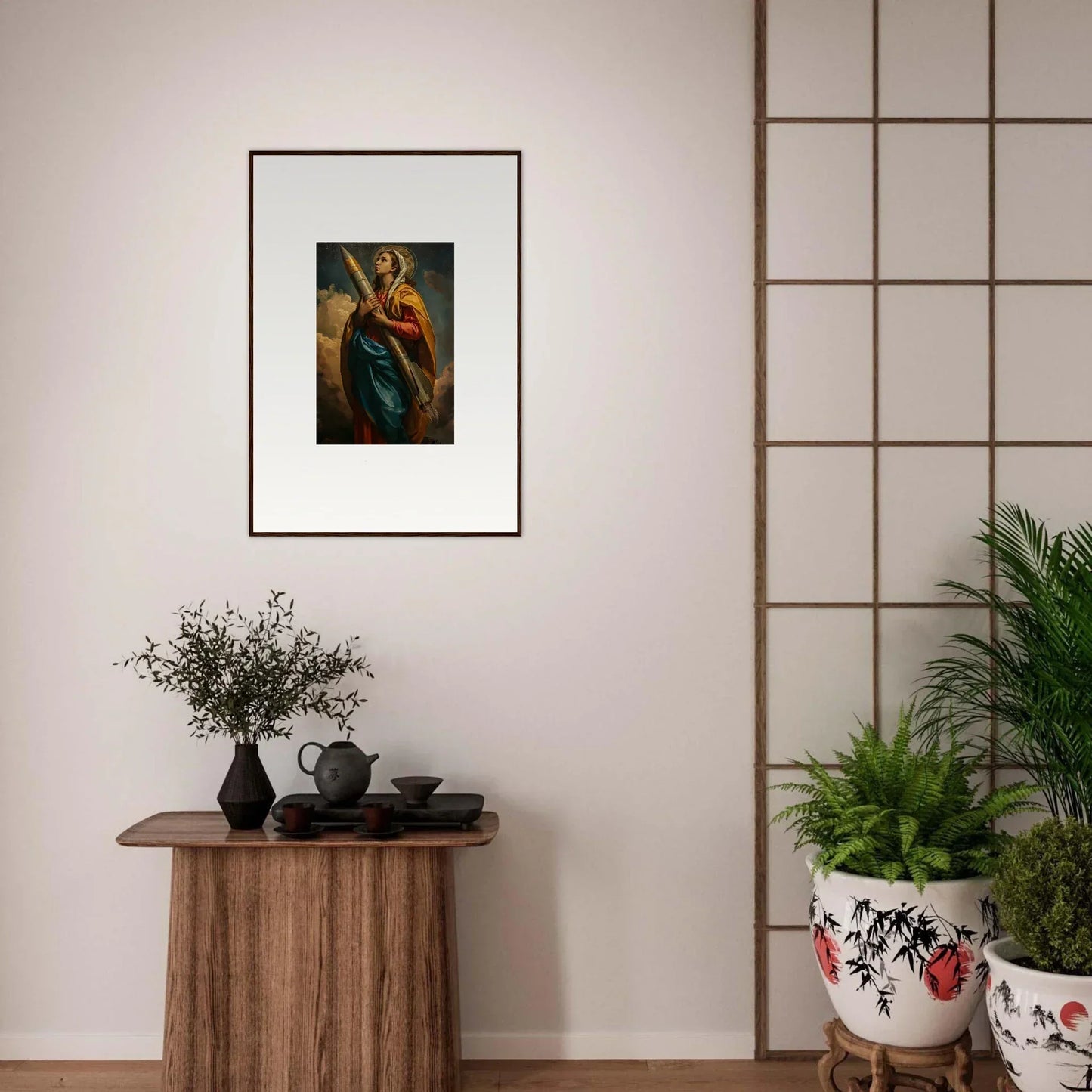 Framed canvas print of Virgin Mary and child, perfect for room decoration and inspiration