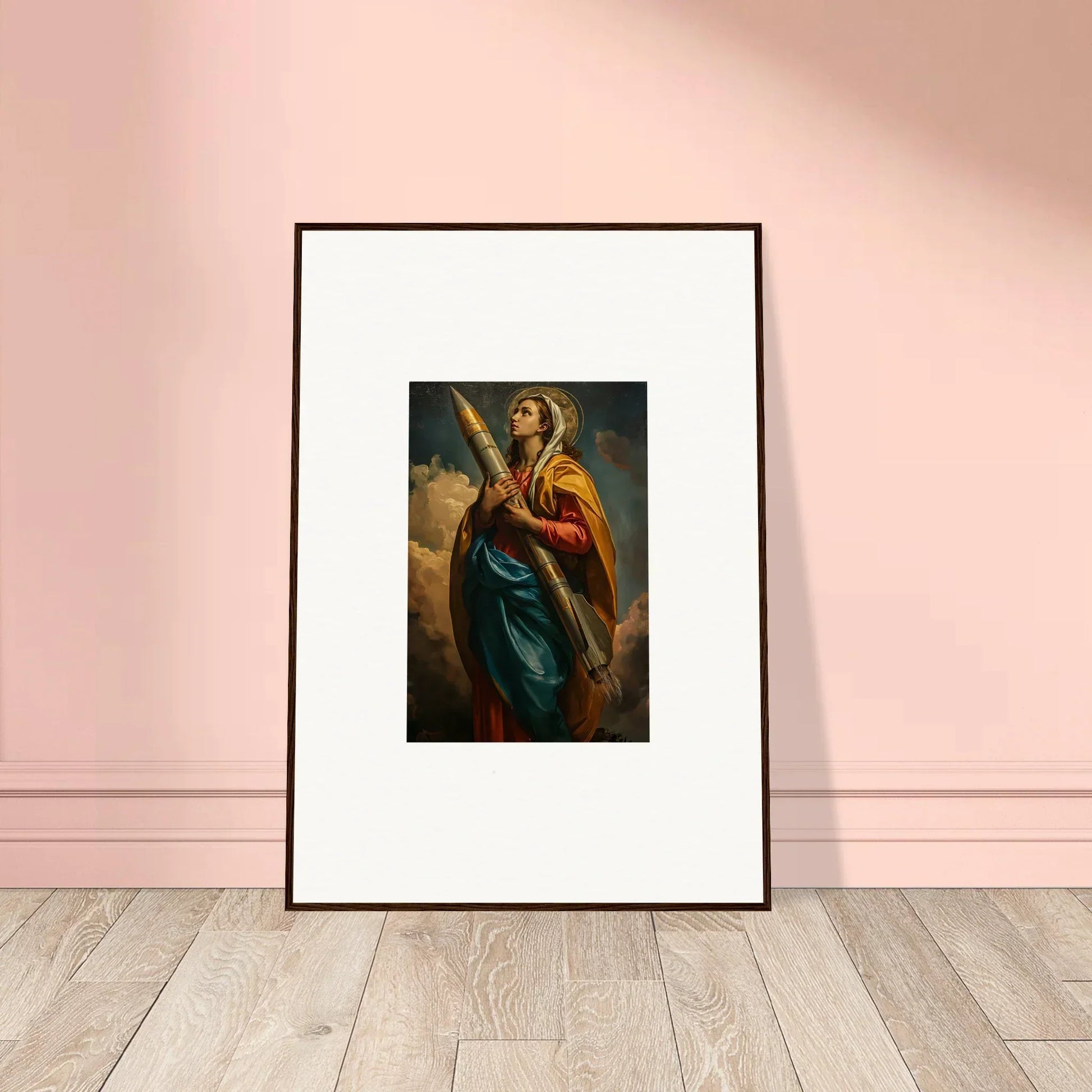 Framed canvas print of a colorful robed figure with a sword, perfect room decoration