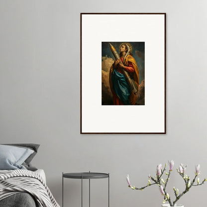 Framed canvas print of a colorful robed figure gazing up, perfect for rocketry muse room decoration