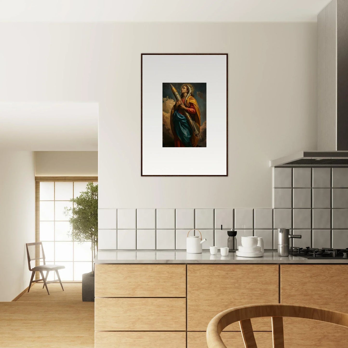 Framed canvas print of a colorful-robed woman, perfect for rocketry muse room decoration