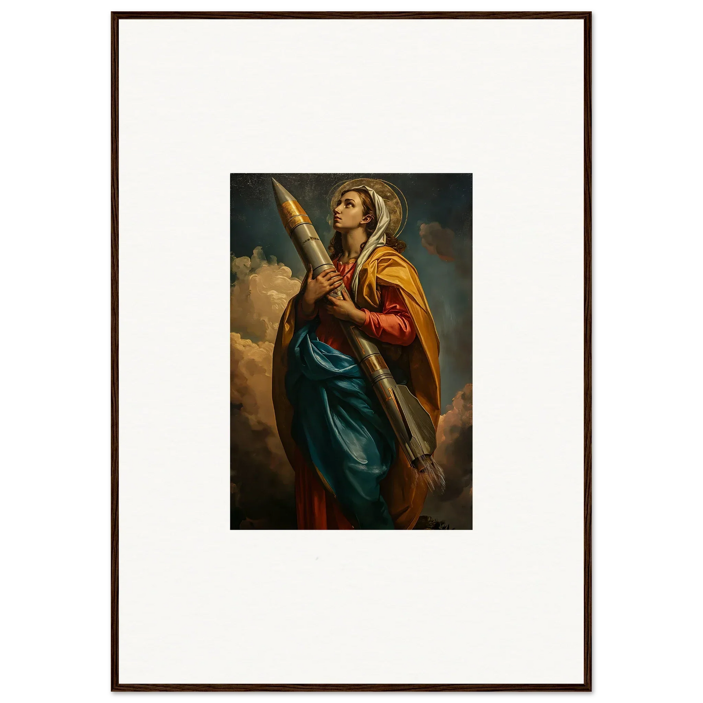 Framed canvas print of a colorful woman in robes as a unique rocketry muse for room decoration