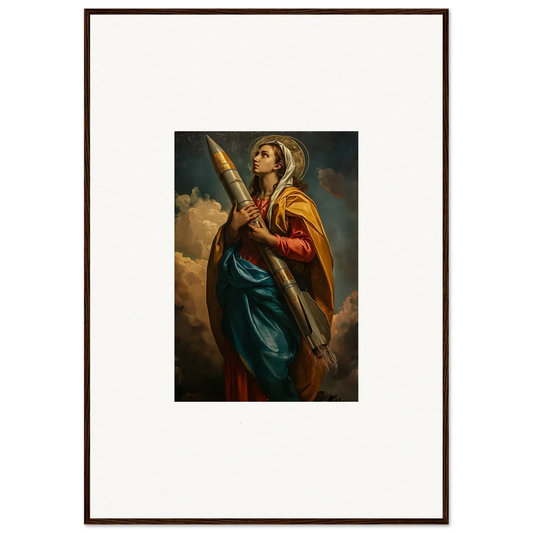 Framed canvas print of a colorful woman in robes as a unique rocketry muse for room decoration