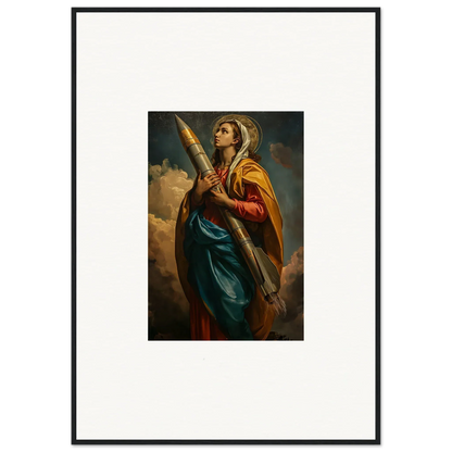 Framed canvas print of a woman in colorful robes, a perfect rocketry muse for room decoration