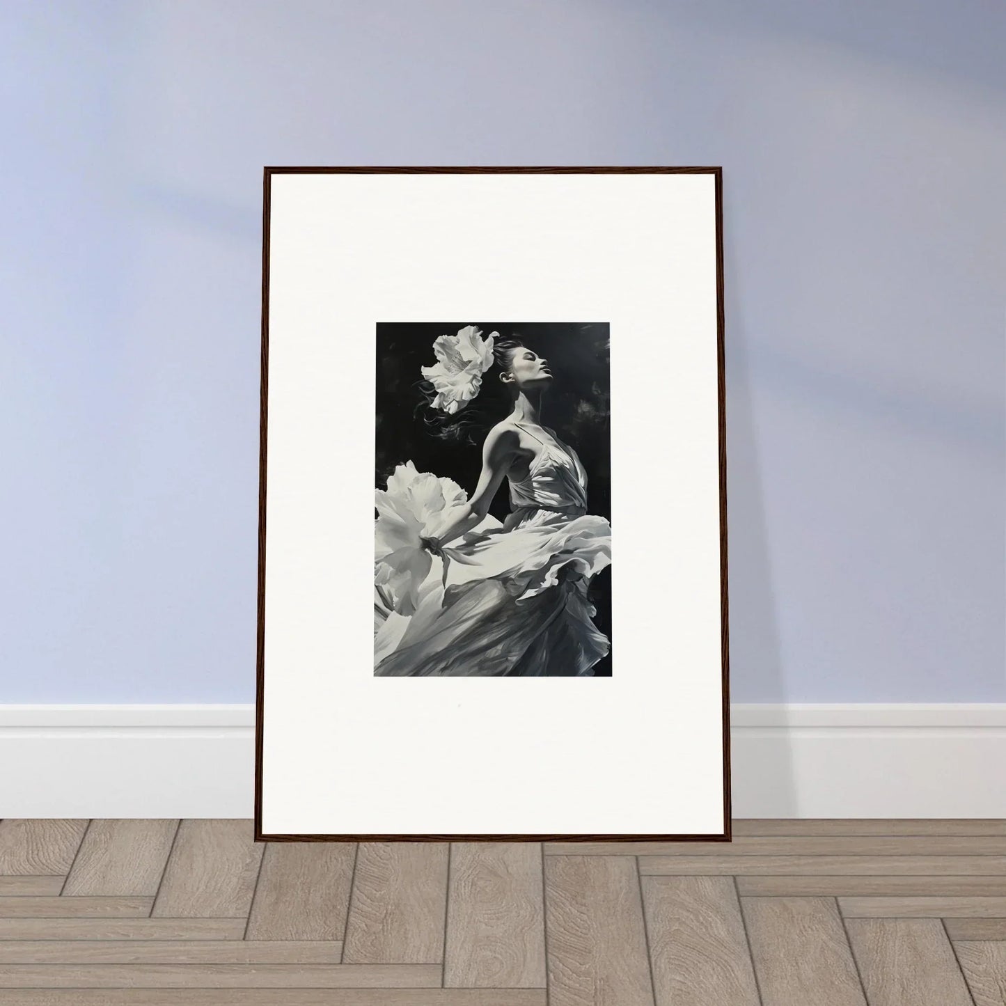 Framed black and white photo of a figure with flowers, perfect for windswept reverie room decoration