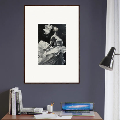 Framed black and white canvas print of a figure in flowers for windswept reverie room decoration