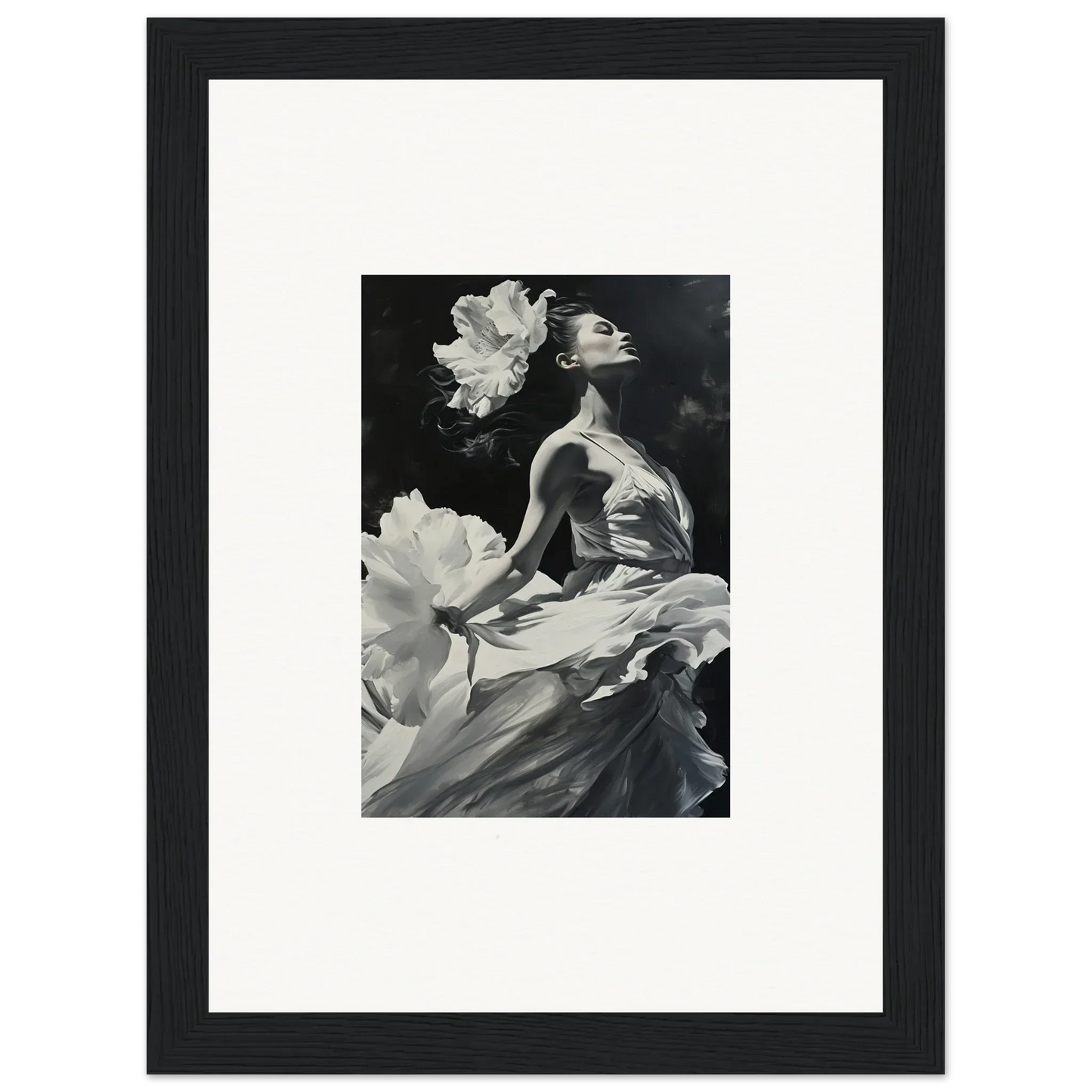 Black and white woman in flowing fabric among flowers, perfect for windswept reverie room decoration