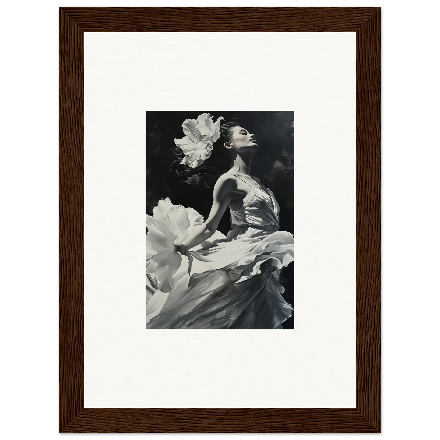 Black and white canvas print of a windswept reverie figure with floral elements