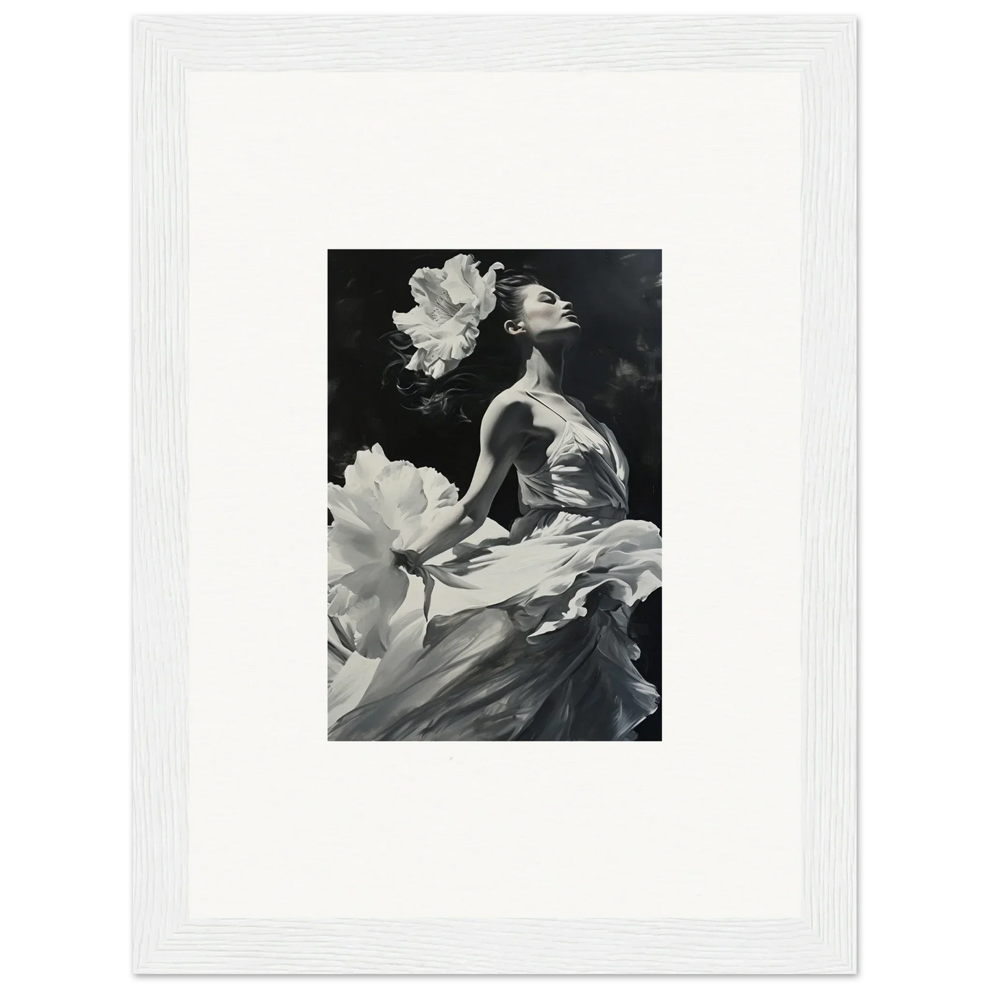 Black and white canvas print of a graceful figure in windswept reverie with flowers