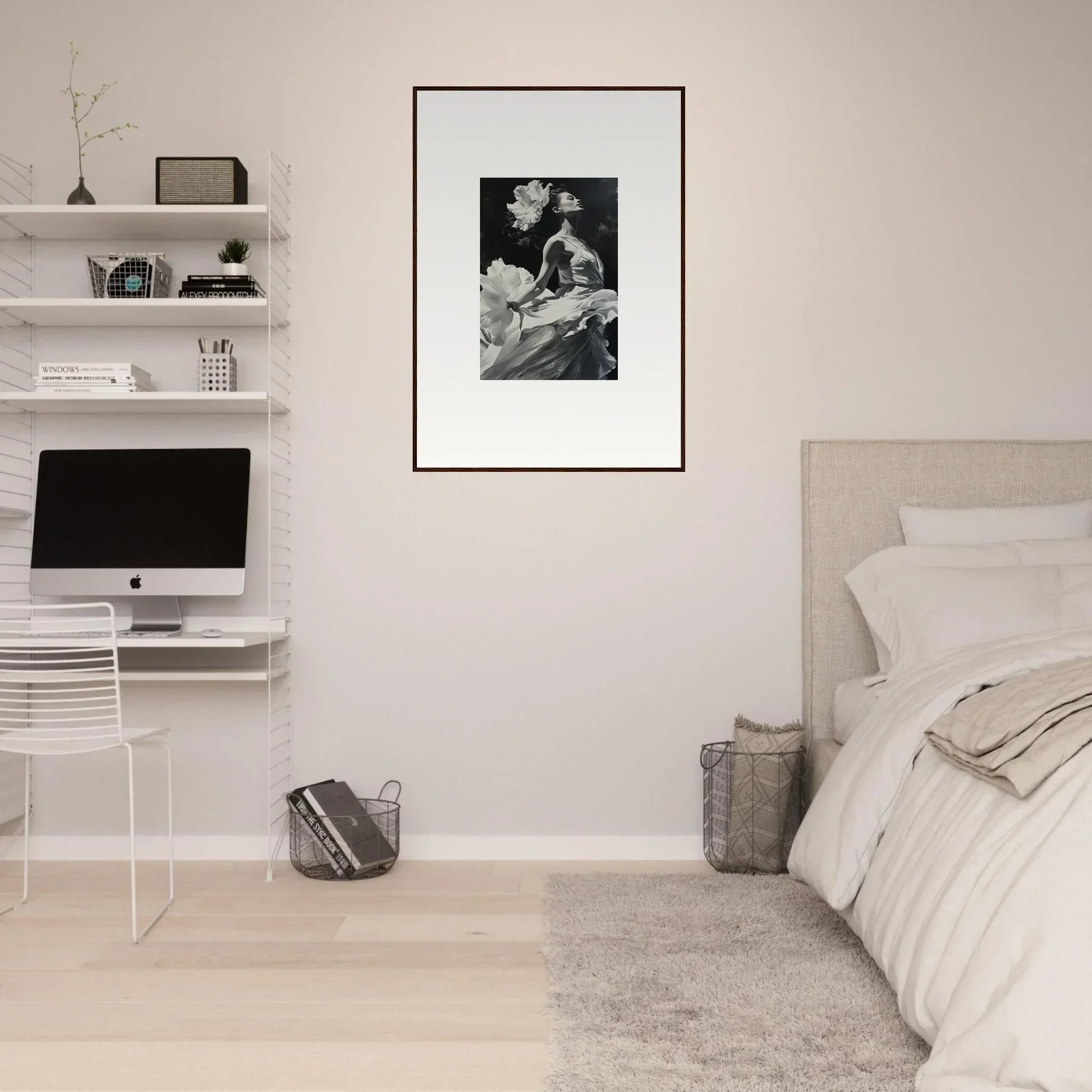 Minimalist bedroom with white walls and floating shelves featuring a windswept reverie canvas print