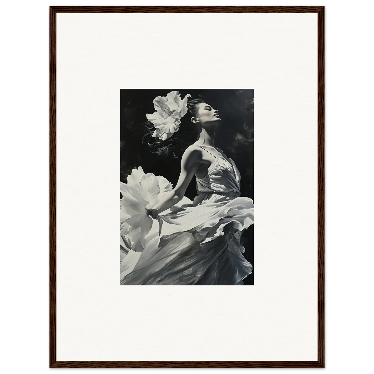 Black and white canvas print of a windswept reverie with a person and large flowers