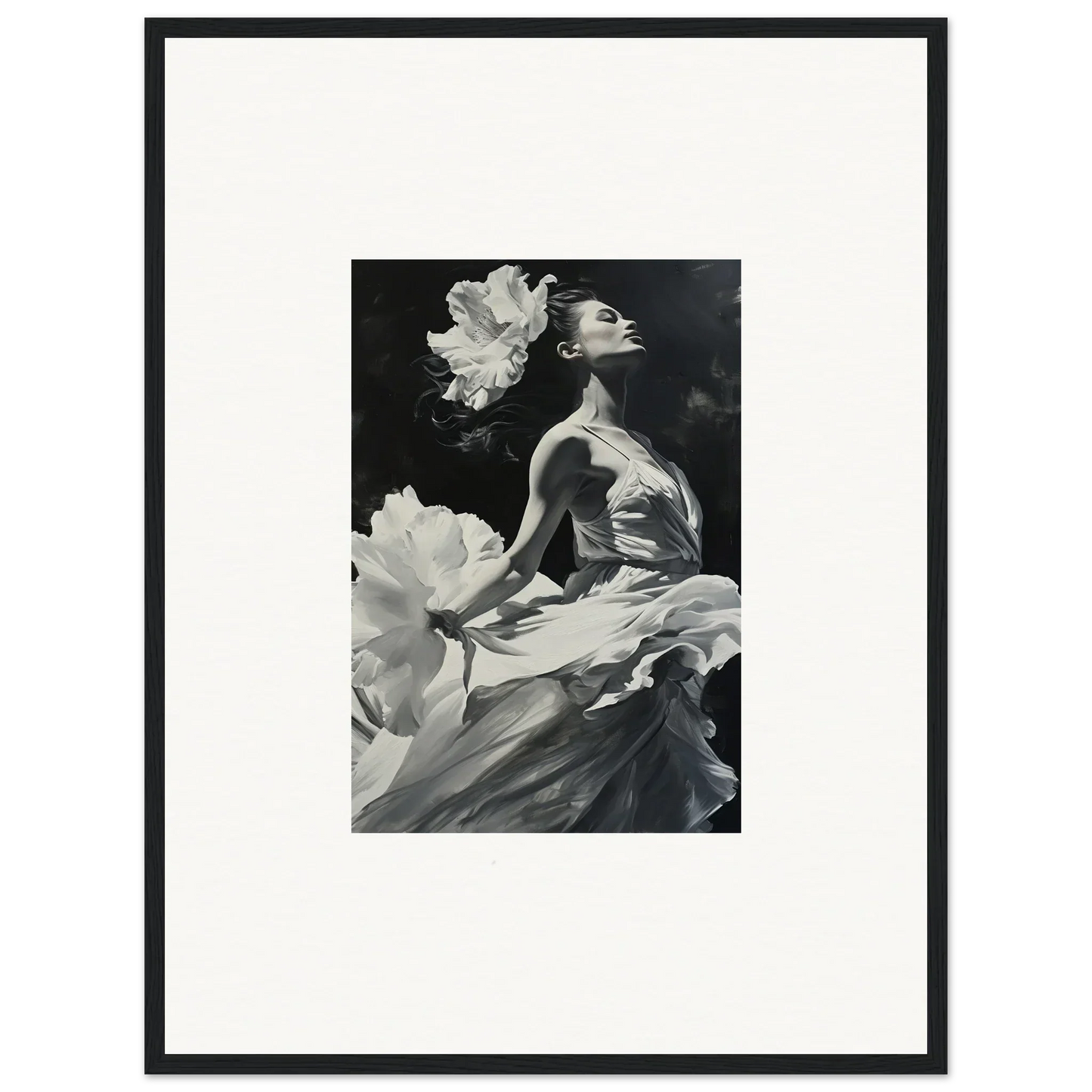 Black and white canvas print of a woman in flowing fabric for a windswept reverie room decoration