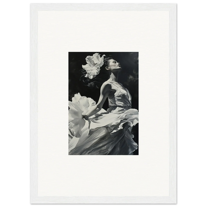 Black and white canvas print of a graceful figure in flower petals, perfect for windswept reverie room decoration