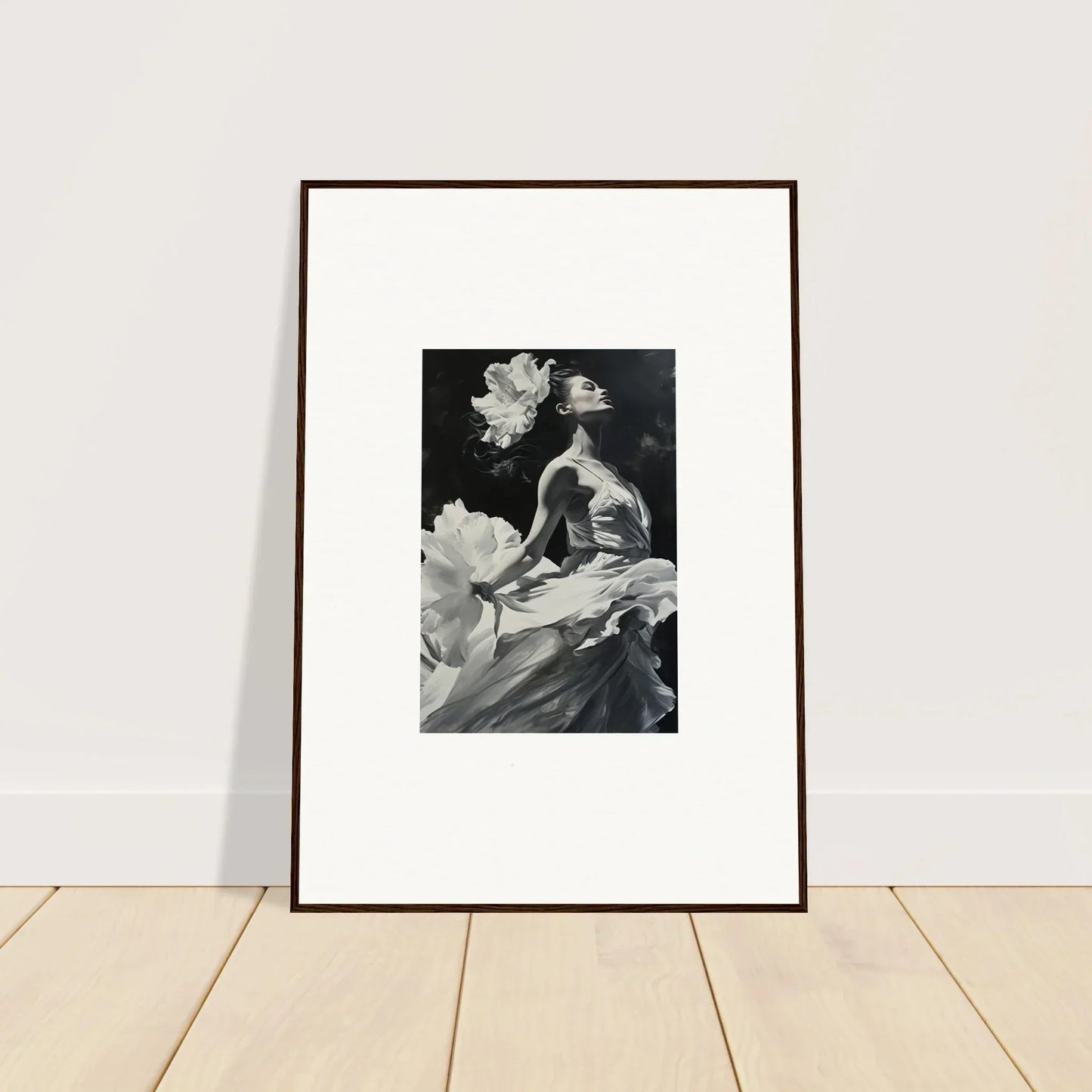 Framed black and white canvas print of a figure with flowers for windswept reverie room decoration