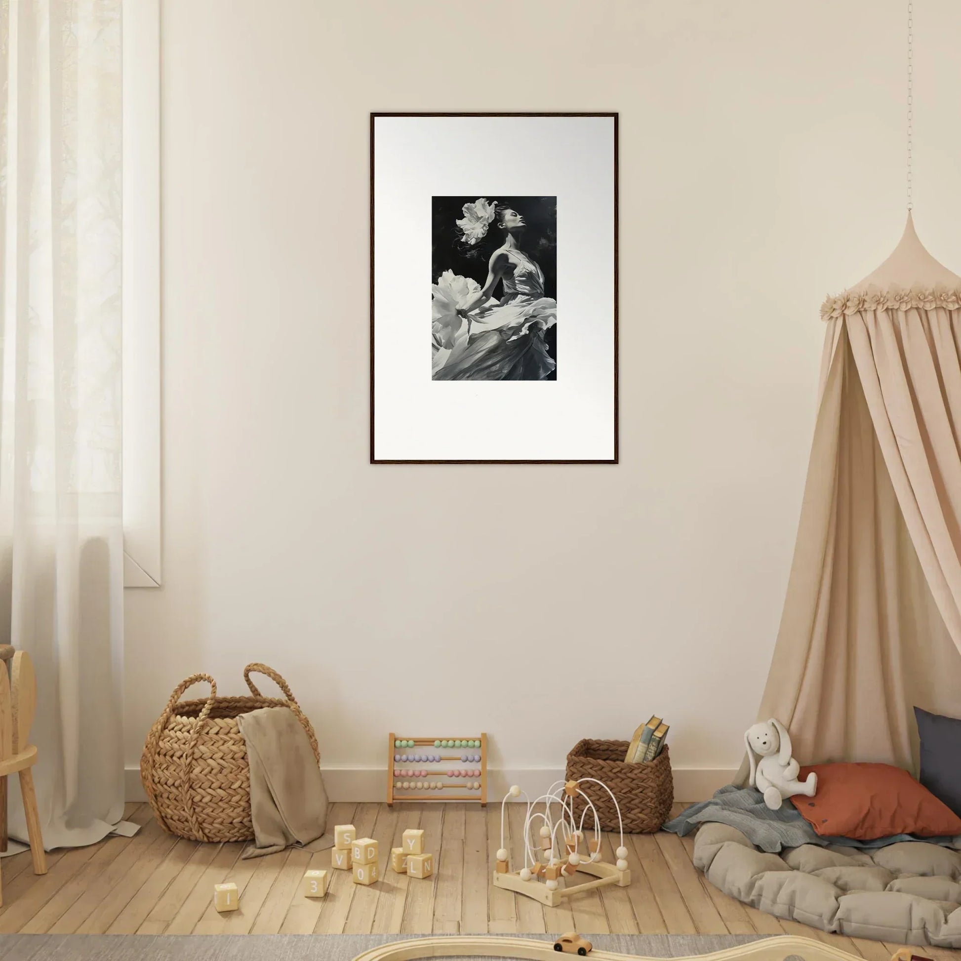 Framed black and white canvas print of Windswept Reverie, perfect for room decoration