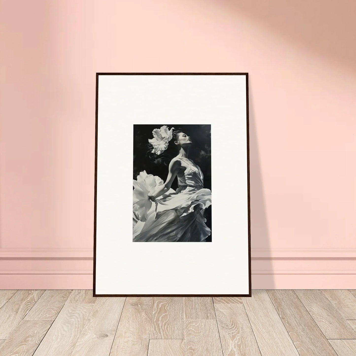 Framed black and white photograph of a figure with flowers for windswept reverie room decoration