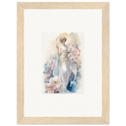 Watercolor painting of a woman in a white dress amidst bloom, perfect for room decor