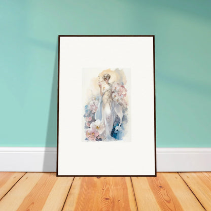 Framed wall art of ethereal female figure amidst bloom with soft floral elements