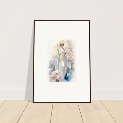 Framed wall art of an ethereal female figure amidst bloom in soft pastel hues