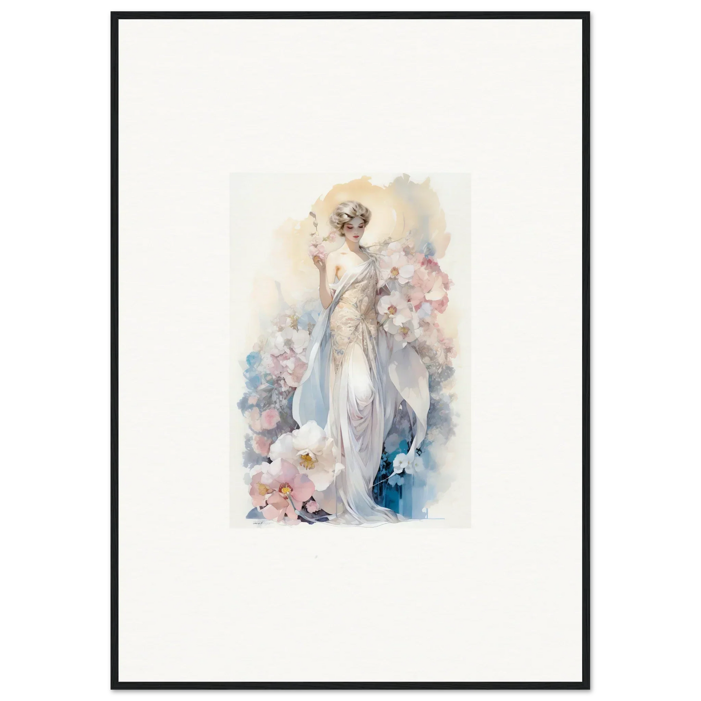 Watercolor painting of an elegant woman amidst bloom for stylish room decor