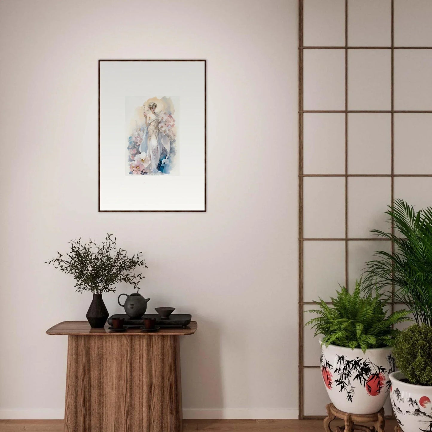 Framed watercolor painting of an ethereal figure, perfect for room decor amidst bloom