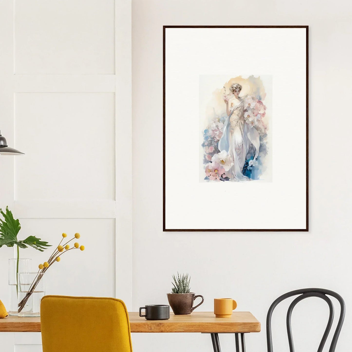 Framed wall art of an ethereal female figure amidst bloom with soft floral elements