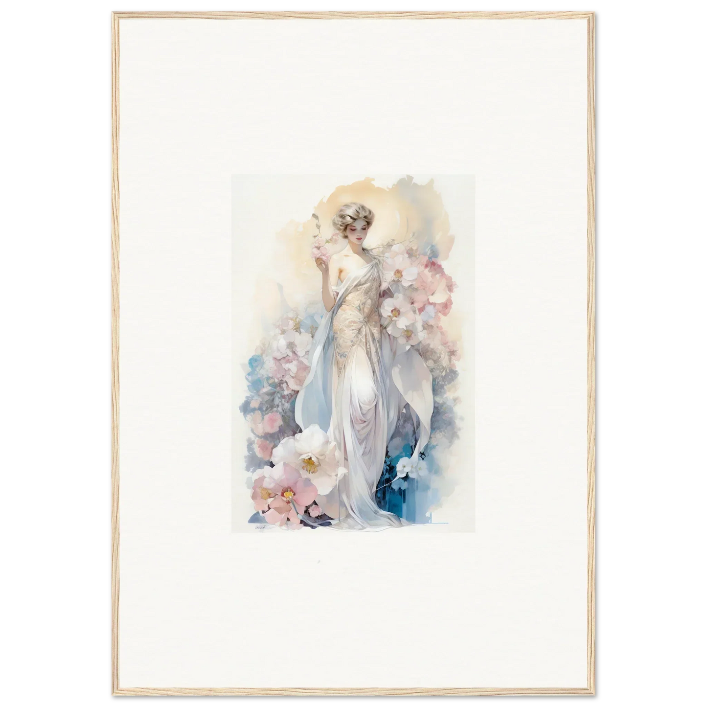 Watercolor painting of a woman in flowing white dress amidst bloom for room decor