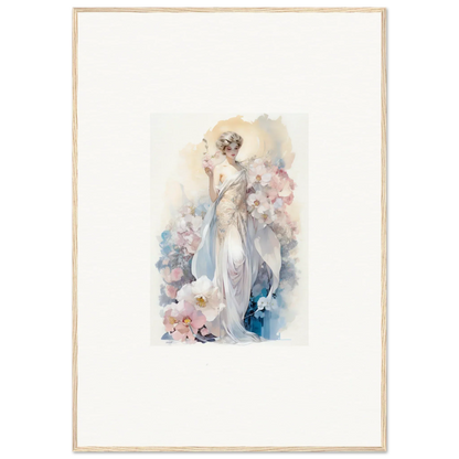 Watercolor painting of a woman in flowing white dress amidst bloom for room decor