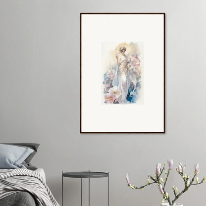 Framed wall art of an ethereal feminine figure amidst bloom and soft floral elements