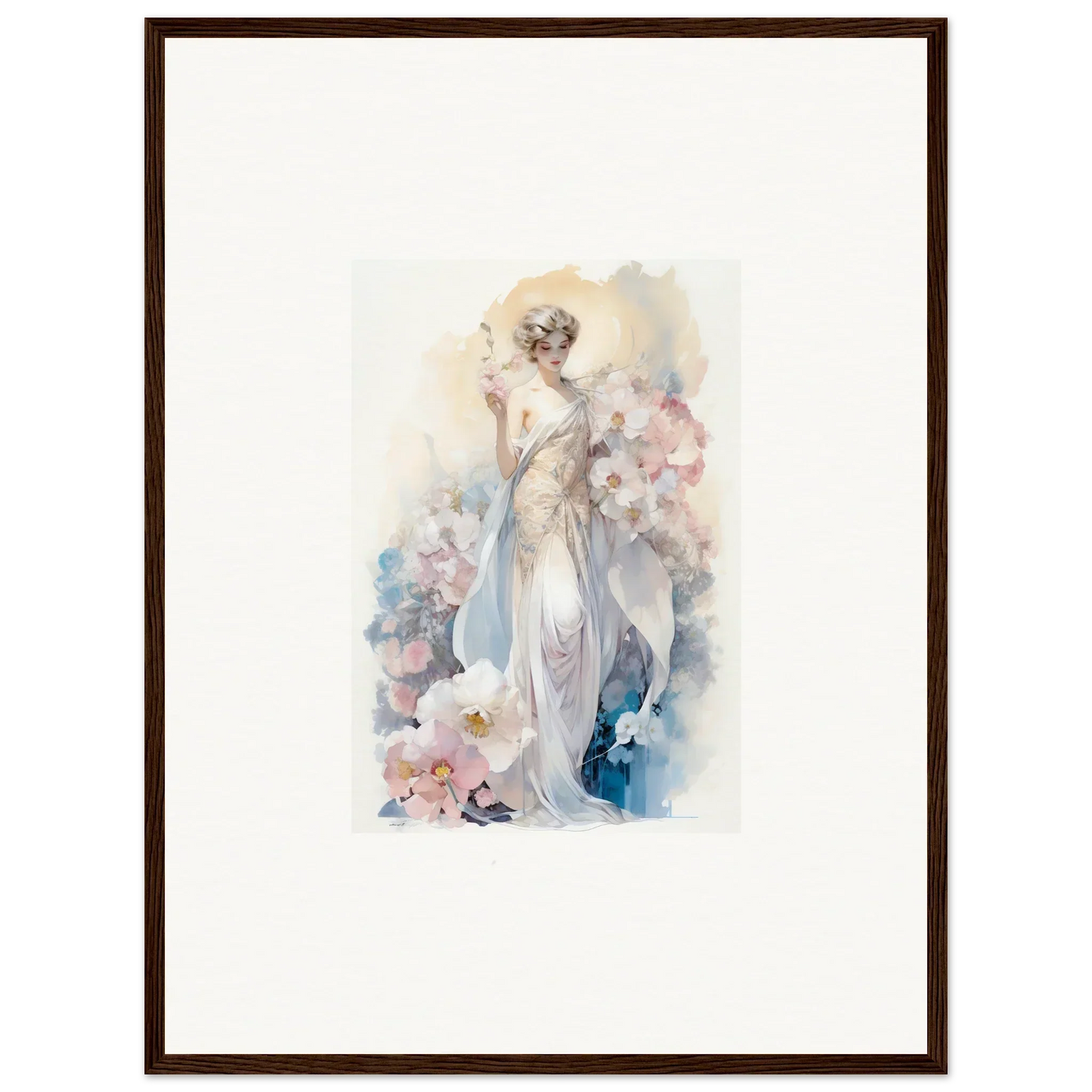 Watercolor painting of an elegant woman amidst bloom for stunning room decor