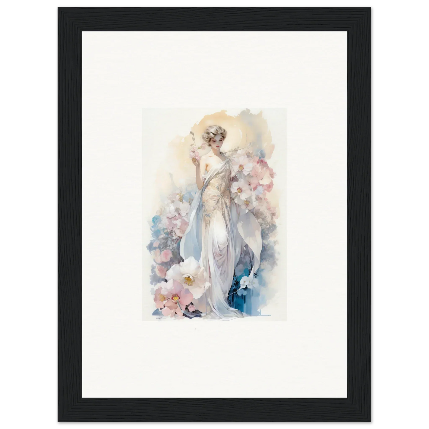 Watercolor painting of an elegant woman in a flowing dress for room decor amidst bloom