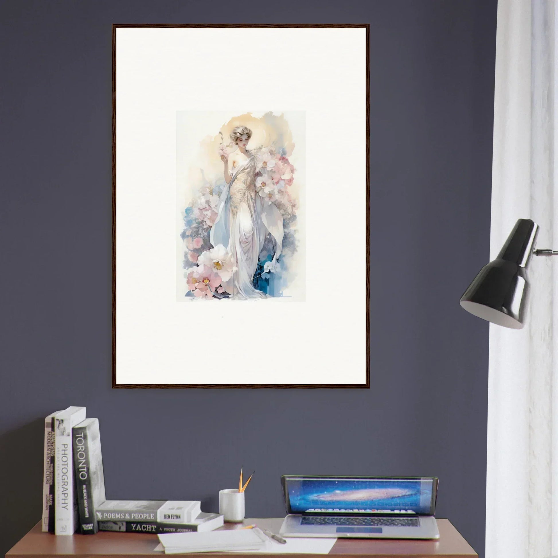 Framed wall art of an ethereal figure amidst bloom in soft, pastel hues for room decor