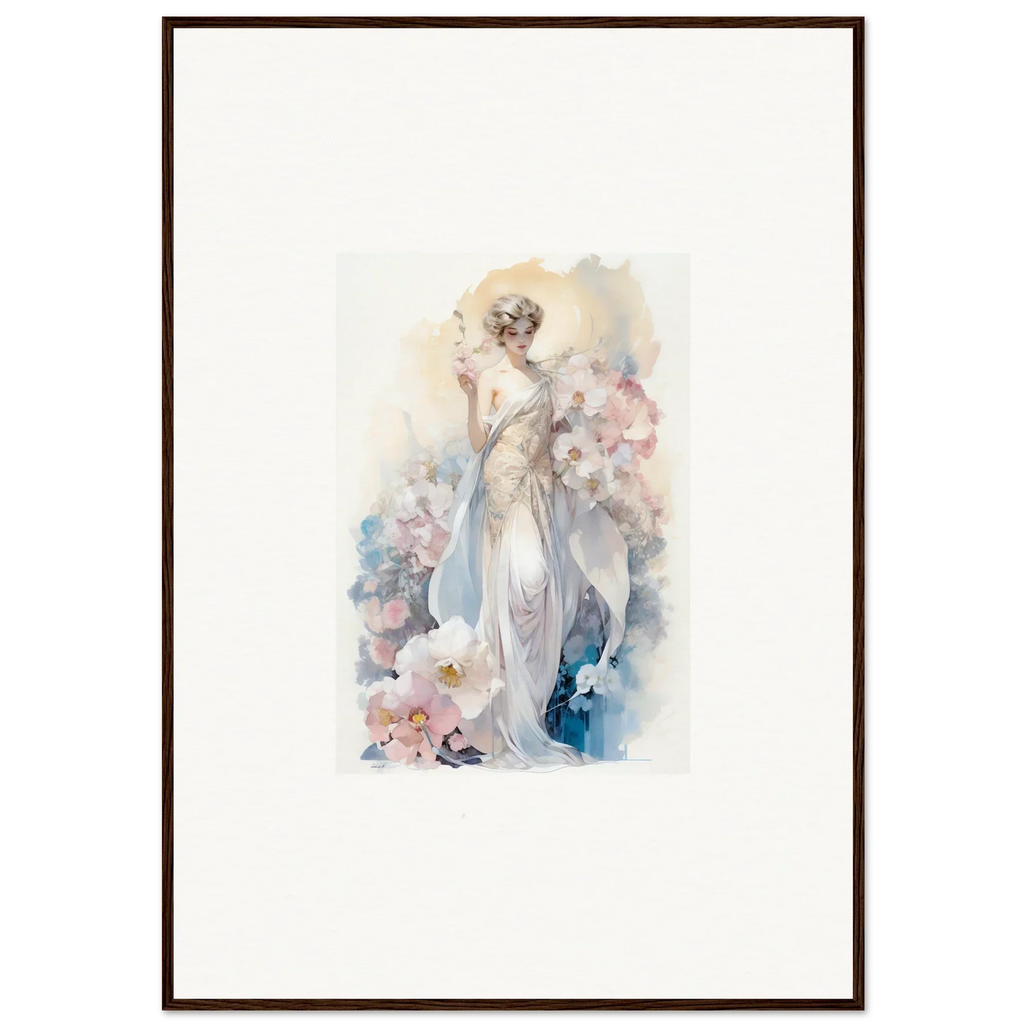 Watercolor painting of an elegant woman amidst bloom for stylish room decor framed wall art