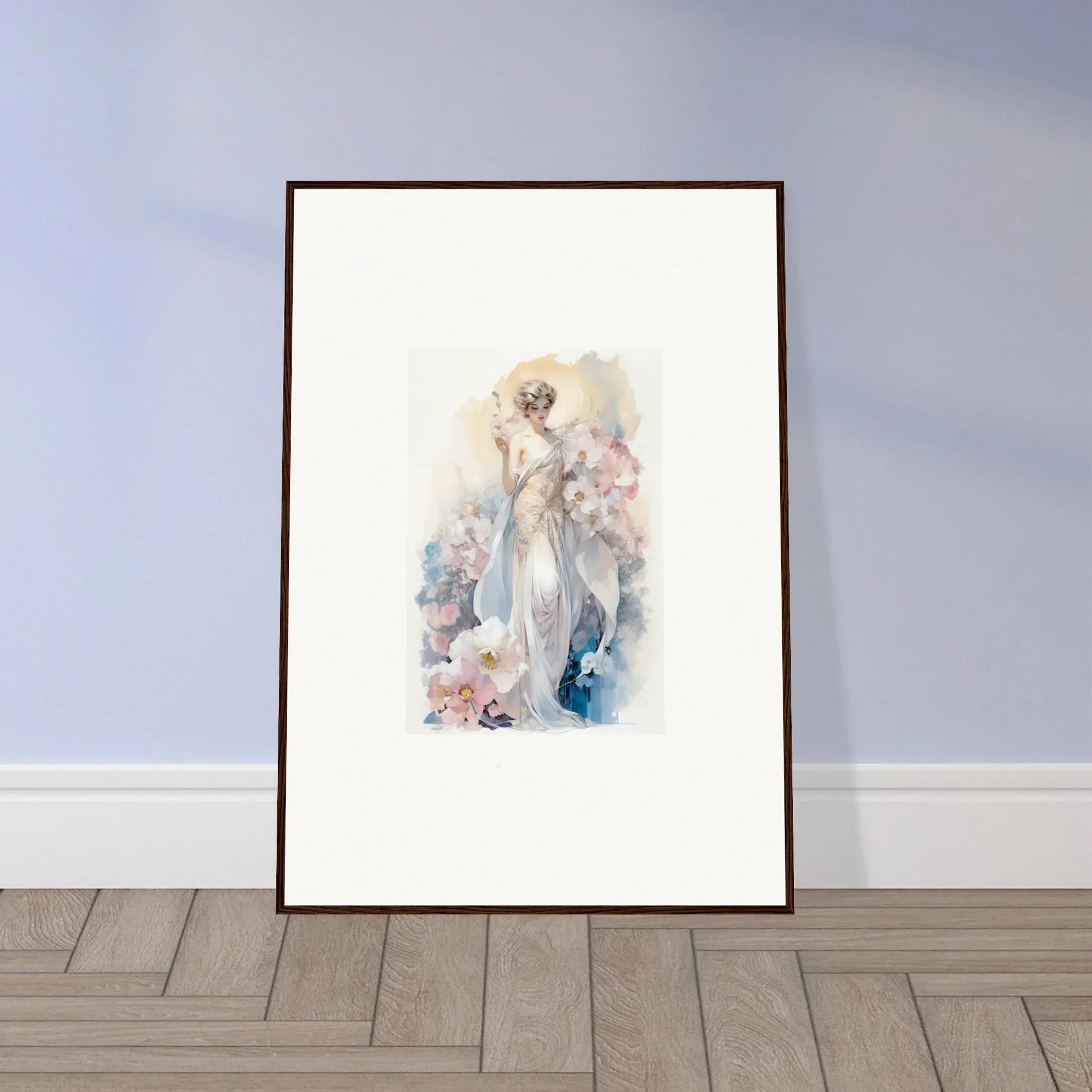 Framed watercolor painting of a graceful figure amidst bloom for elegant room decor