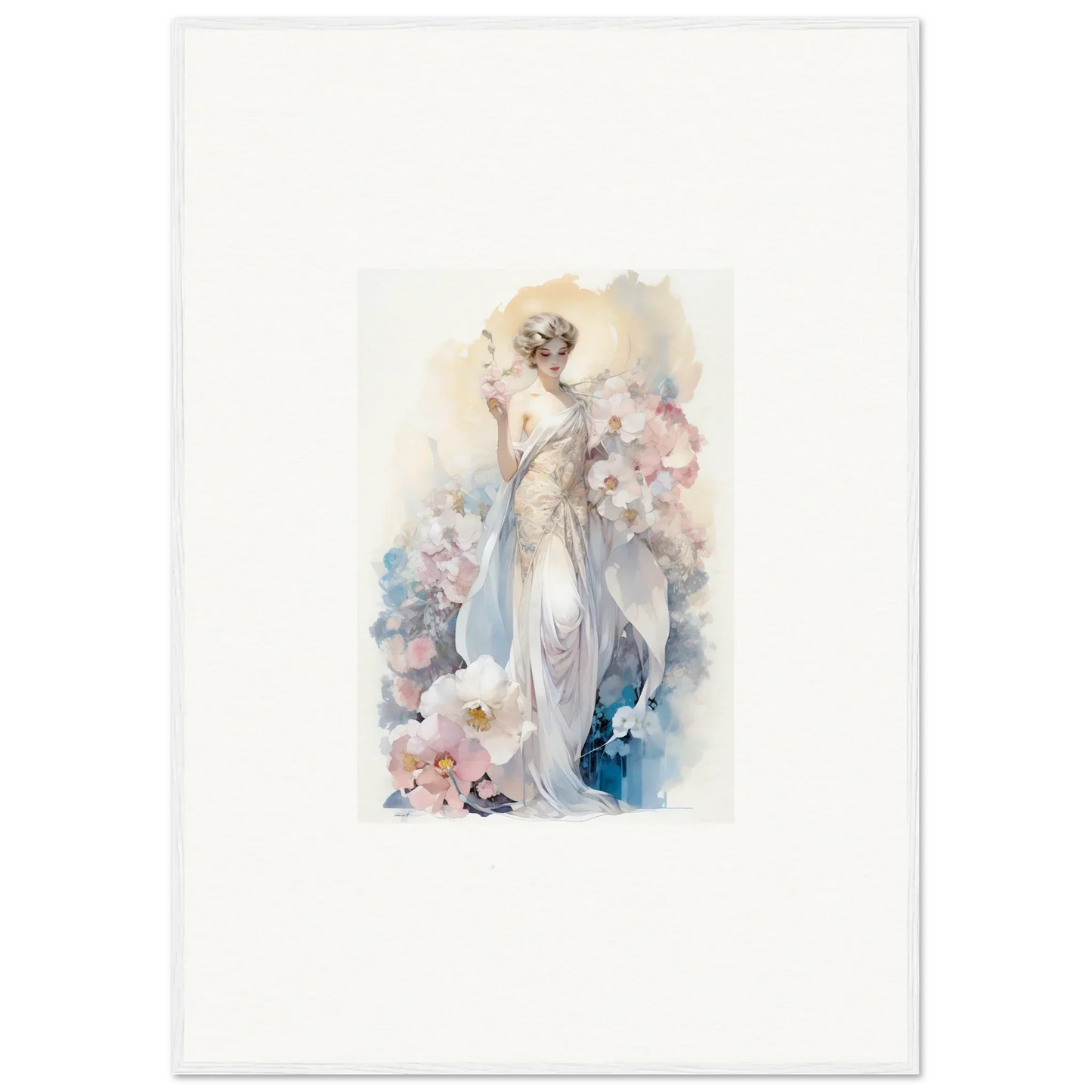 Watercolor painting of an elegant woman in a flowing dress, perfect for room decor amidst bloom