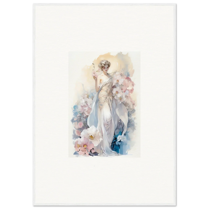 Watercolor painting of an elegant woman in a flowing dress, perfect for room decor amidst bloom